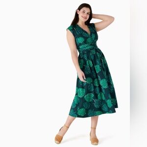 Kate Spade Green Monstera Leaves Poplin Bow Dress